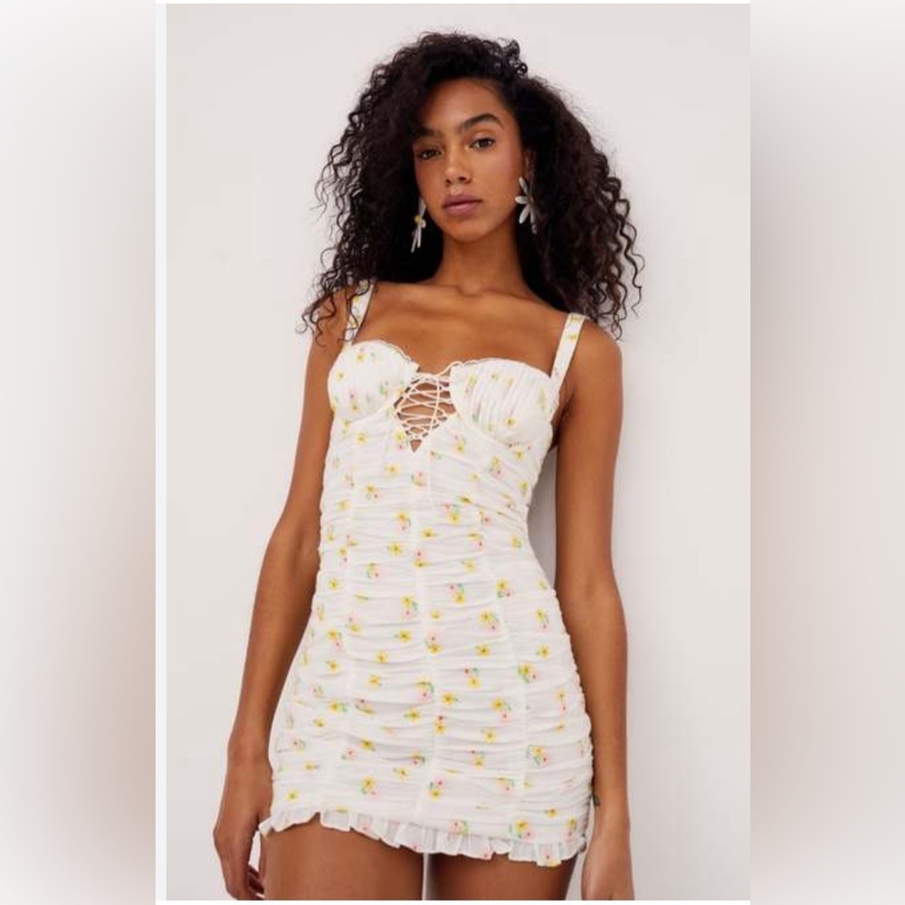 NWT 🍋 For Love & Lemons Celia Lace up Shirring Floral Mini Dress